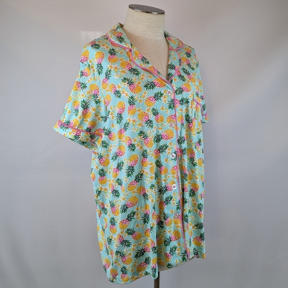 Pillow Talk Tropical Pineapple Print PJ Set Short Sleeve Top Pants Aqua XL NWT - Picture 7 of 12